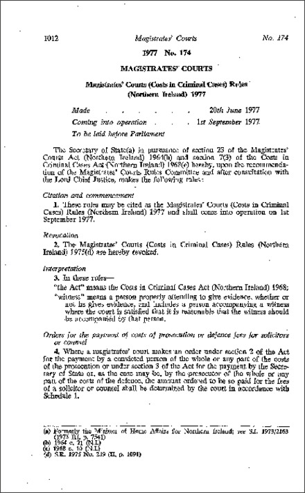 The Magistrates' Courts (Costs in Criminal Cases) Rules (Northern Ireland) 1977