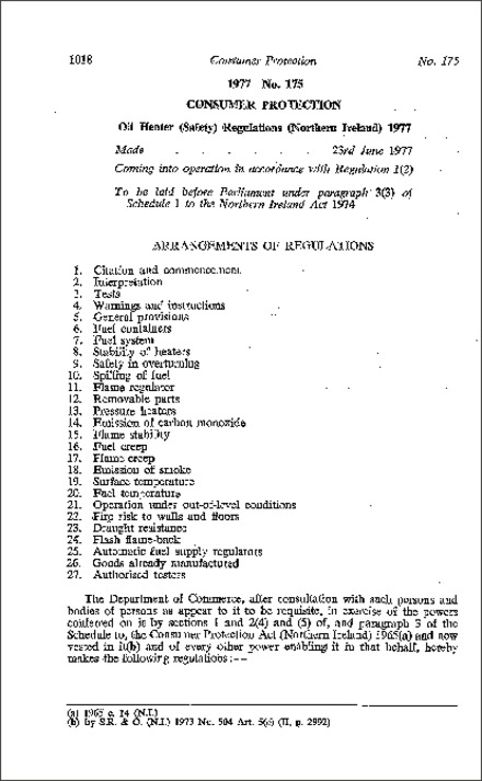 The Oil Heater (Safety) Regulations (Northern Ireland) 1977