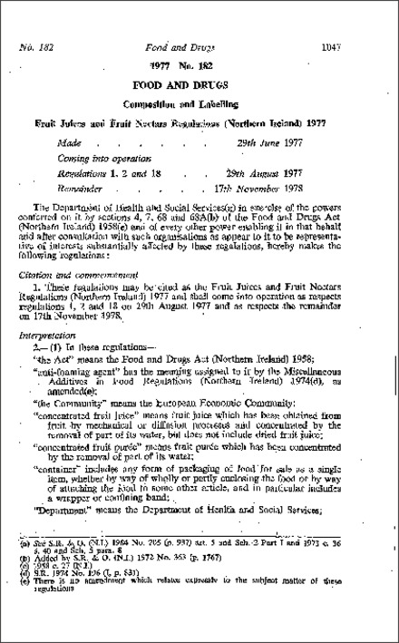 The Fruit Juices and Fruit Nectars Regulations (Northern Ireland) 1977