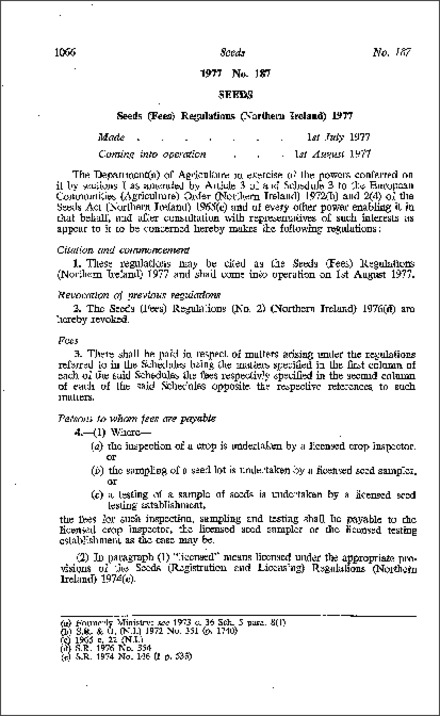 The Seeds (Fees) Regulations (Northern Ireland) 1977