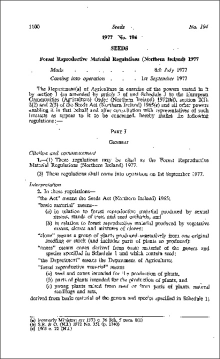 The Forest Reproductive Material Regulations (Northern Ireland) 1977