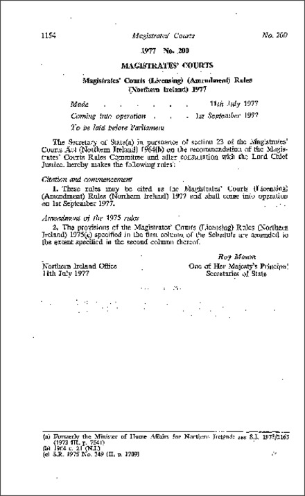 The Magistrates' Courts (Licensing) (Amendment) Rules (Northern Ireland) 1977