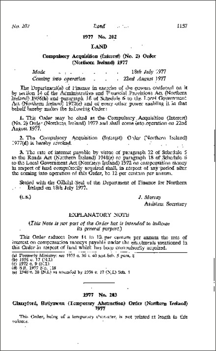 The Compulsory Acquisition (Interest) (No. 2) Order (Northern Ireland) 1977