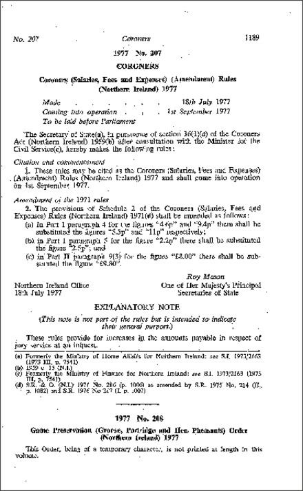 The Coroners (Salaries, Fees and Expenses) (Amendment) Rules (Northern Ireland) 1977