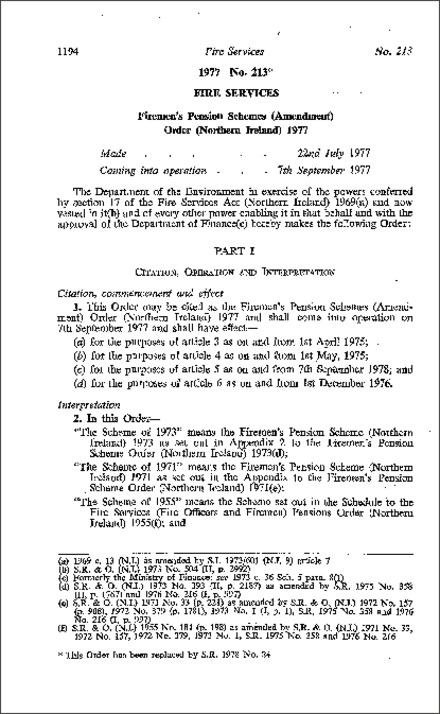 The Firemen's Pension Schemes (Amendment) Order (Northern Ireland) 1977