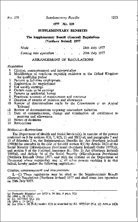 The Supplementary Benefit (General) Regulations (Northern Ireland) 1977