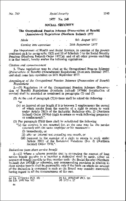 The Occupational Pension Schemes (Preservation of Benefit) (Amendment) Regulations (Northern Ireland) 1977