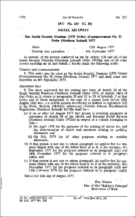 The Social Security Pensions (1975 Order) (Commencement No. 9) Order (Northern Ireland) 1977
