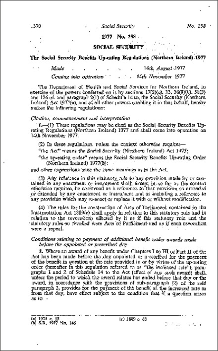 The Social Security Benefits Up-rating Regulations (Northern Ireland) 1977