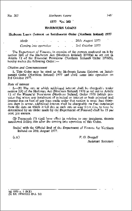 The Harbours Loans (Interest on Instalments) Order (Northern Ireland) 1977