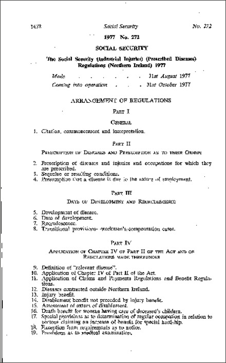 The Social Security (Industrial Injuries) (Prescribed Diseases) Regulations (Northern Ireland) 1977