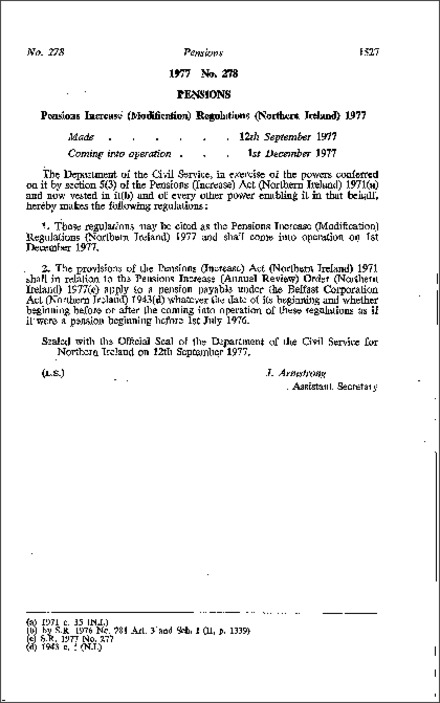 The Pensions Increase (Modification) Regulations (Northern Ireland) 1977