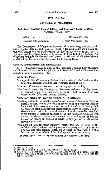 The Industrial Training Levy (Clothing and Footwear Industry) Order (Northern Ireland) 1977