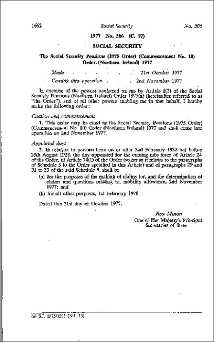 The Social Security Pensions (1975 Order) (Commencement No. 10) (Northern Ireland) 1977
