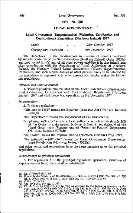 The Local Government (Superann) (Valuation, Certification and Contributions) Regulations (Northern Ireland) 1977