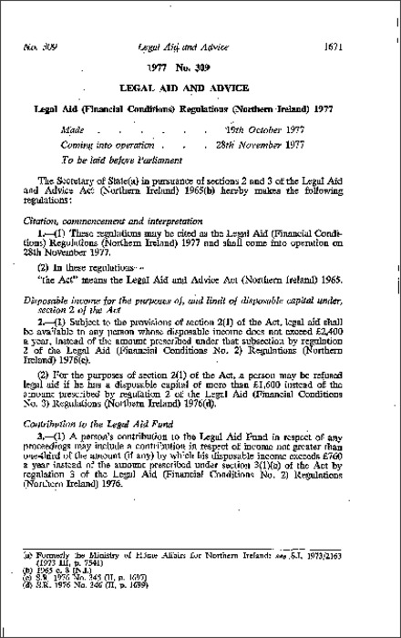 The Legal Aid (Financial Conditions) Regulations (Northern Ireland) 1977