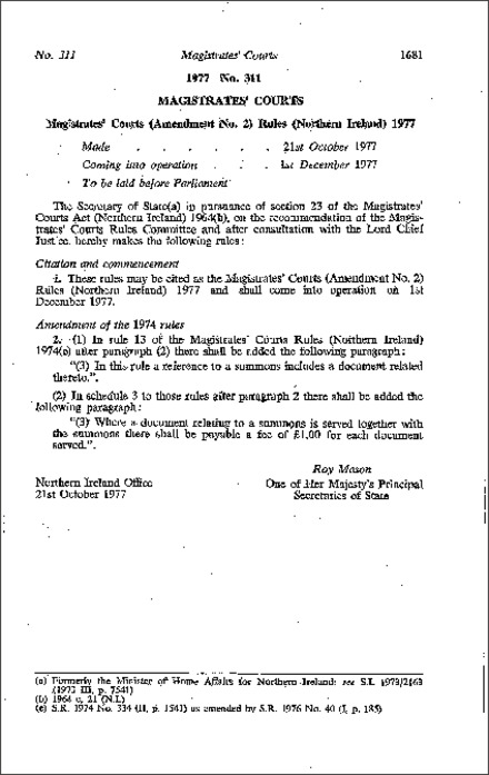 The Magistrates' Courts (Amendment No. 2) Rules (Northern Ireland) 1977