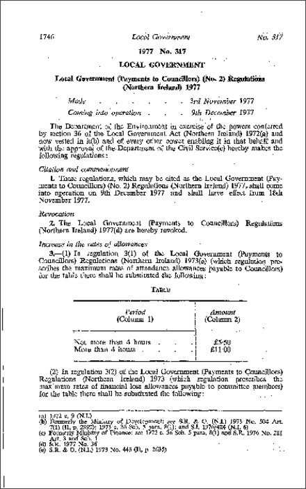 The Local Government (Payments to Councillors) (No. 2) Regulations (Northern Ireland) 1977