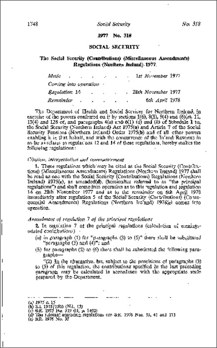 The Social Security (Contributions) (Miscellaneous Amendment) Regulations (Northern Ireland) 1977