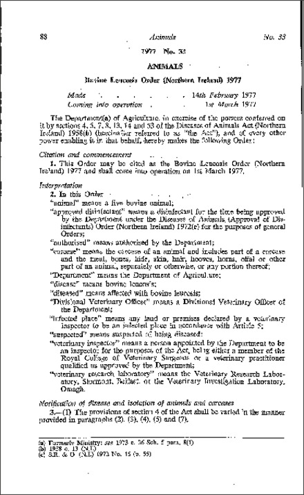 The Bovine Leucosis Order (Northern Ireland) 1977