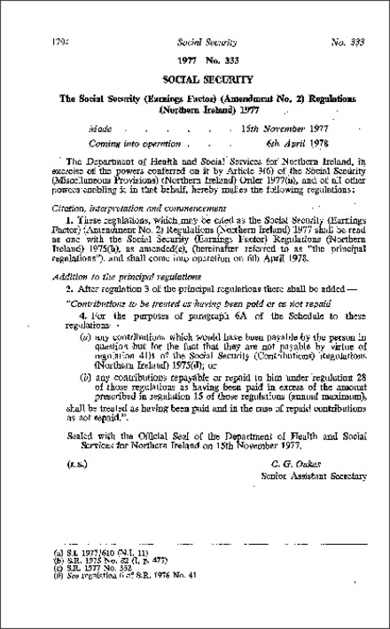 The Social Security (Earnings Factor) (Amendment No. 2) Regulations (Northern Ireland) 1977