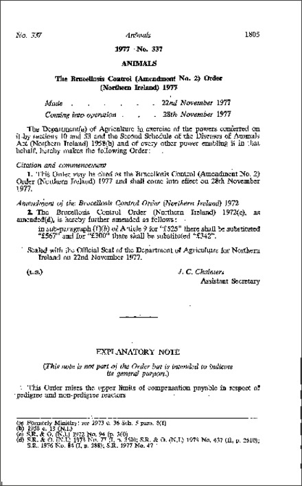 The Brucellosis Control (Amendment No. 2) Order (Northern Ireland) 1977