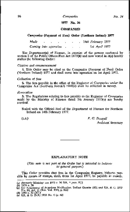 The Companies (Payment of Fees) Order (Northern Ireland) 1977