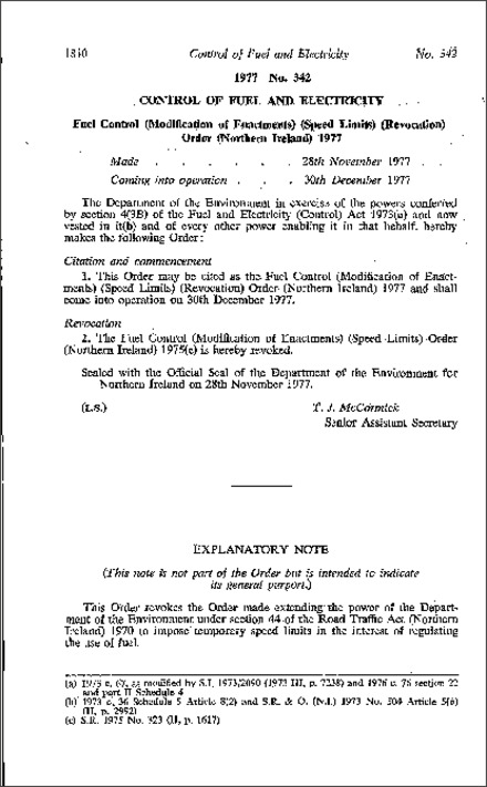 The Fuel Control (Modification of Enactments) (Speed Limits) (Revocation) Order (Northern Ireland) 1977