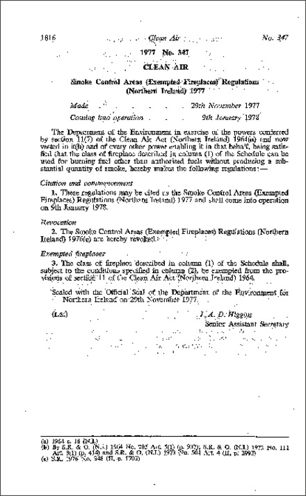 The Smoke Control Areas (Exempted Fireplaces) Regulations (Northern Ireland) 1977