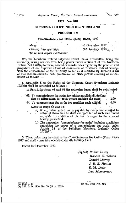 The Commissioners for Oaths (Fees) Rules (Northern Ireland) 1977