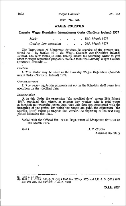 The Laundry Wages Regulation (Amendment) Order (Northern Ireland) 1977