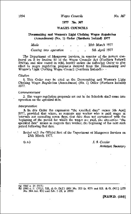 The Dressmaking and Women's Light Clothing Wages Regulation (Amendment) (No. 1) Order (Northern Ireland) 1977
