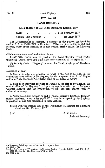 The Land Registry (Fees) Order (Northern Ireland) 1977