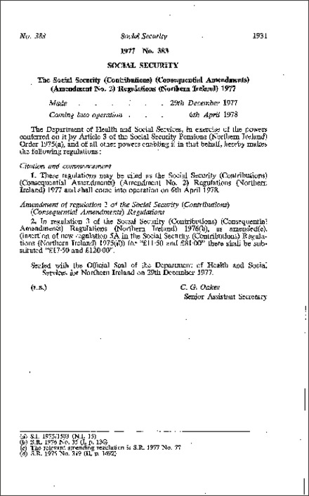The Social Security (Contributions) (Conseq Amendment) (Amendment No. 2) Regulations (Northern Ireland) 1977
