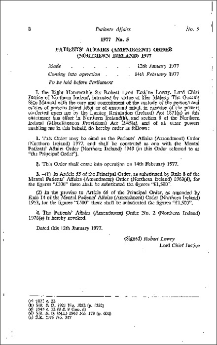 The Patients' Affairs (Amendment) Order (Northern Ireland) 1977