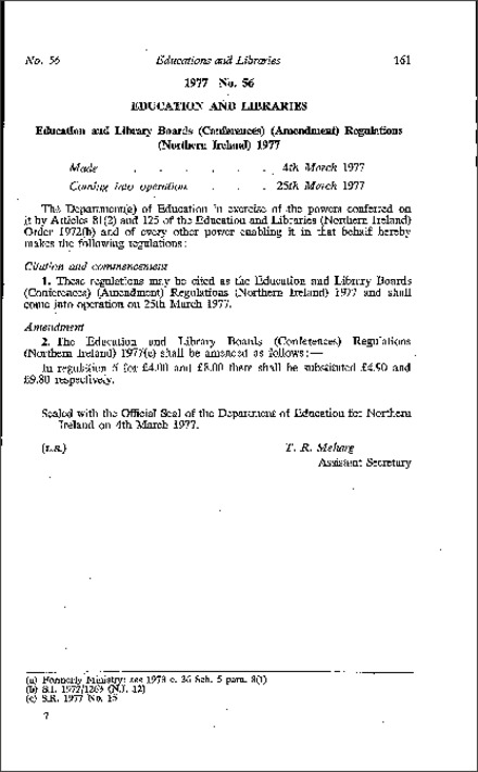 The Education and Library Boards (Conferences) (Amendment) Regulations (Northern Ireland) 1977