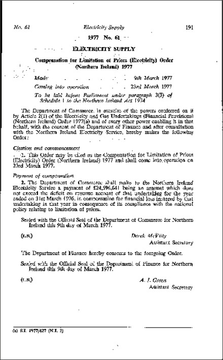 The Compensation for Limitation of Prices (Electricity) Order (Northern Ireland) 1977