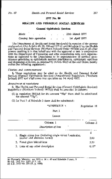 The Health and Personal Social Services (General Ophthalmic Services) (Amendment) Regulations (Northern Ireland) 1977