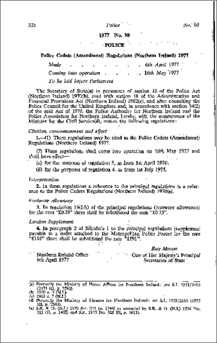 The Police Cadets (Amendment) Regulations (Northern Ireland) 1977
