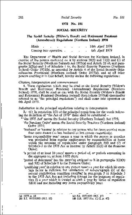 The Social Security (Widow's Benefit and Retirement Pensions) (Amendment) Regulations (Northern Ireland) 1978