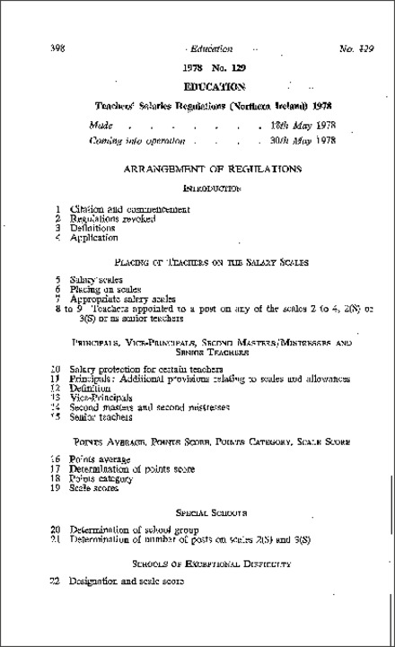 The Teachers' Salaries Regulations (Northern Ireland) 1978