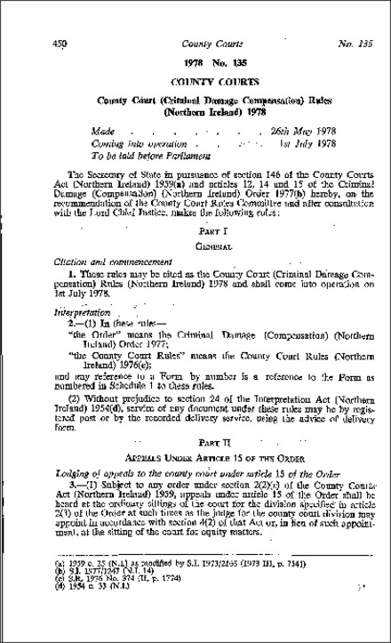 The County Court (Criminal Damage Compensation) Rules (Northern Ireland) 1978