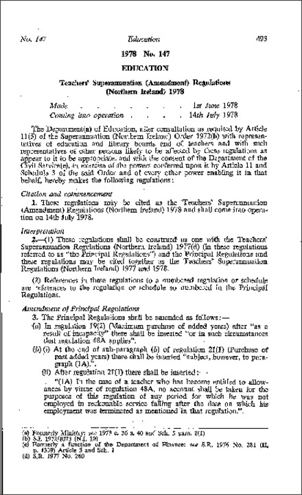 The Teachers' Superannuation (Amendment) Regulations (Northern Ireland) 1978
