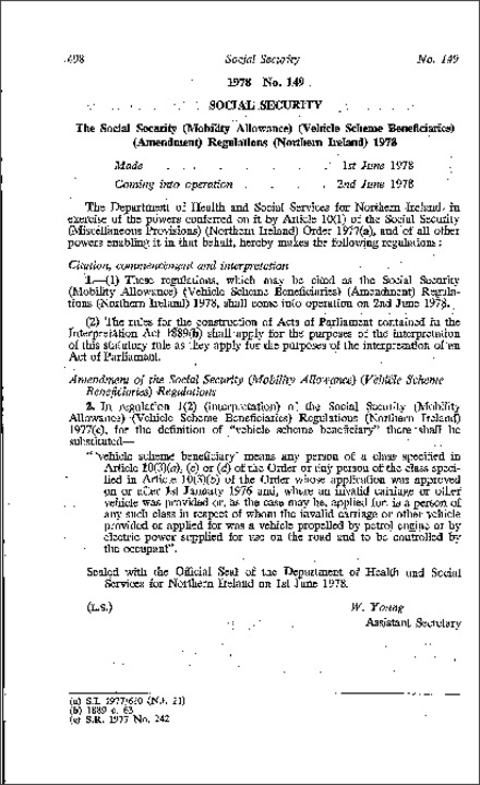 The Social Security (Mobility Allowance) (Vehicle Scheme Beneficiaries) (Amendment) Regulations (Northern Ireland) 1978