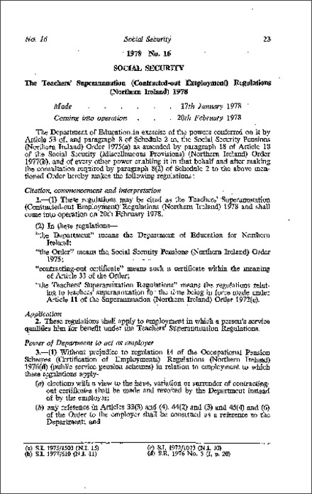 The Teachers' Superannuation (Contracted out Employment) Regulations (Northern Ireland) 1978