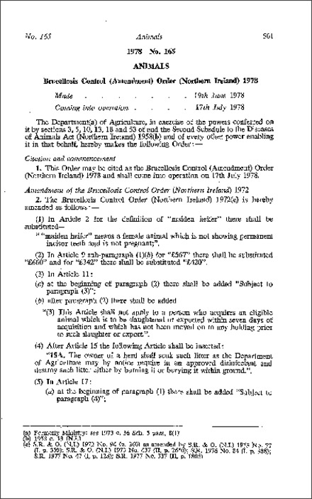 The Brucellosis Control (Amendment) Order (Northern Ireland) 1978