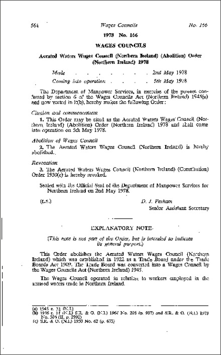 The Aerated Waters Wages Council (Abolition) Order (Northern Ireland) 1978