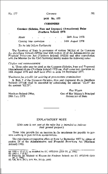 The Coroners (Salaries, Fees and Expenses) (Amendment) Rules (Northern Ireland) 1978