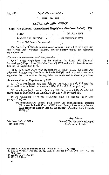 The Legal Aid (General) (Amendment) Regulations (Northern Ireland) 1978