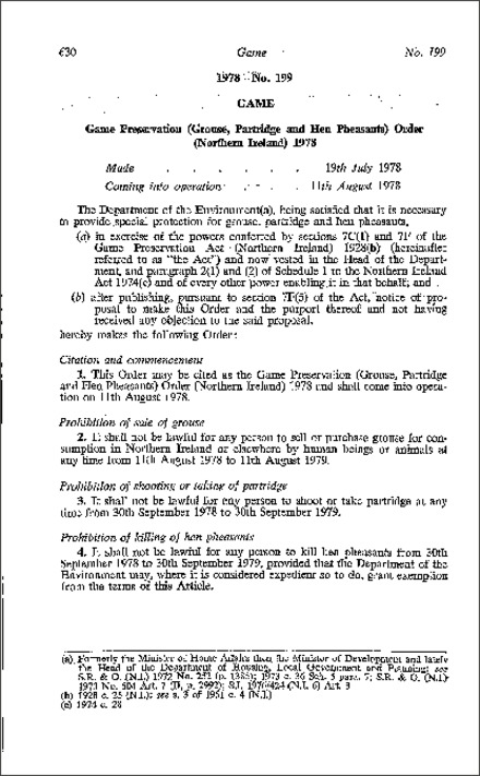 The Game Preservation (Grouse, Partridge and Hen Pheasants) Order (Northern Ireland) 1978